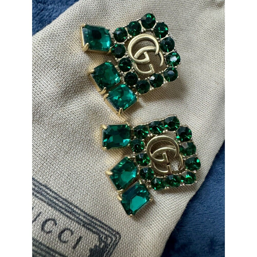 Vintage Gucci Emerald and Gold Drop Earrings with Double G Motif - Picture 5 of 14